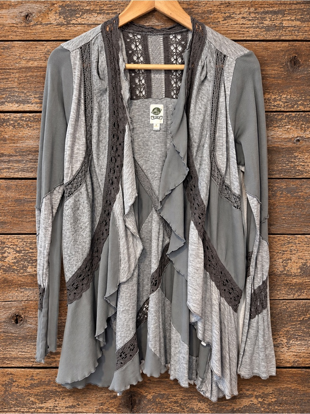 Anthropologie Tiny Gray Patchwork Lace Ruffle Hem Open Cardigan Boho Cozy Size S
